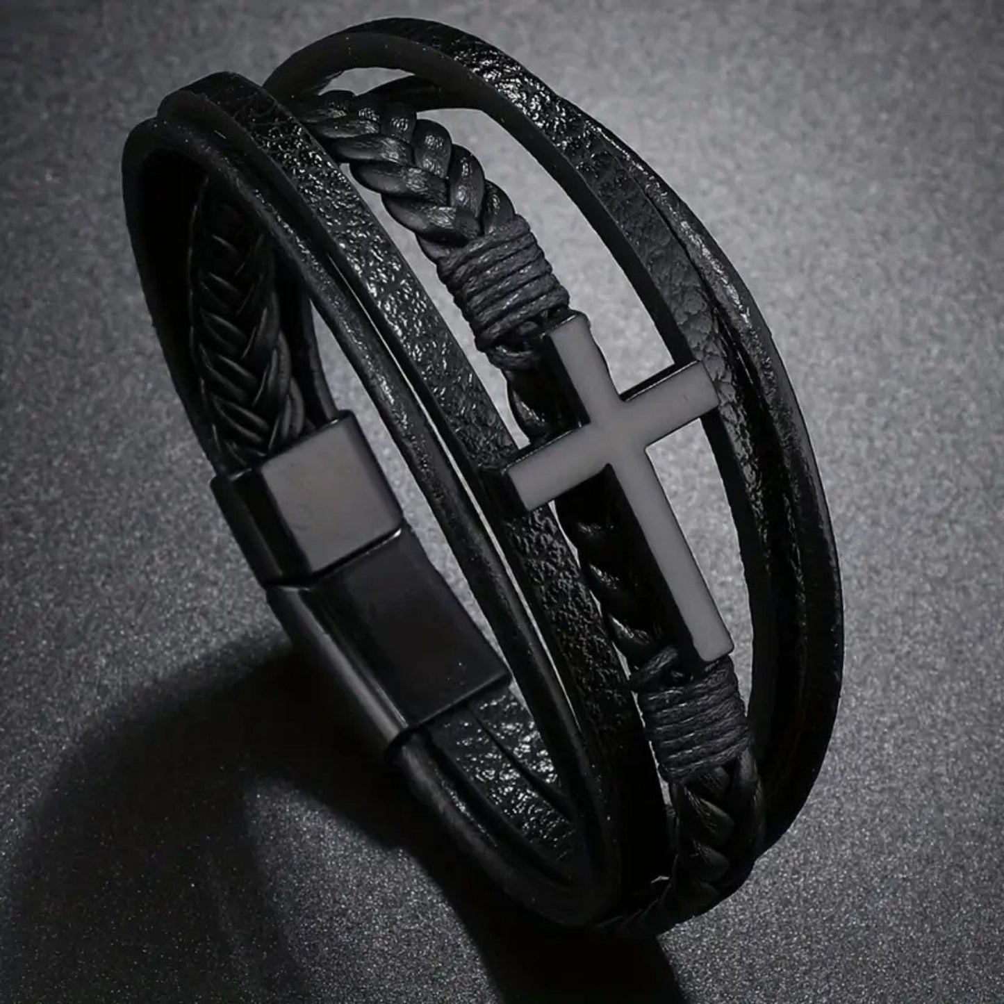 Elegant men’s braided leather bracelet with durable tri-tone clasp.