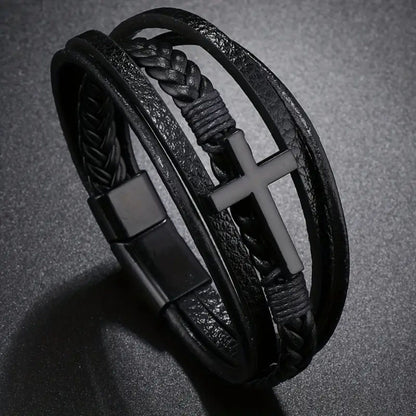 Elegant men’s braided leather bracelet with durable tri-tone clasp.