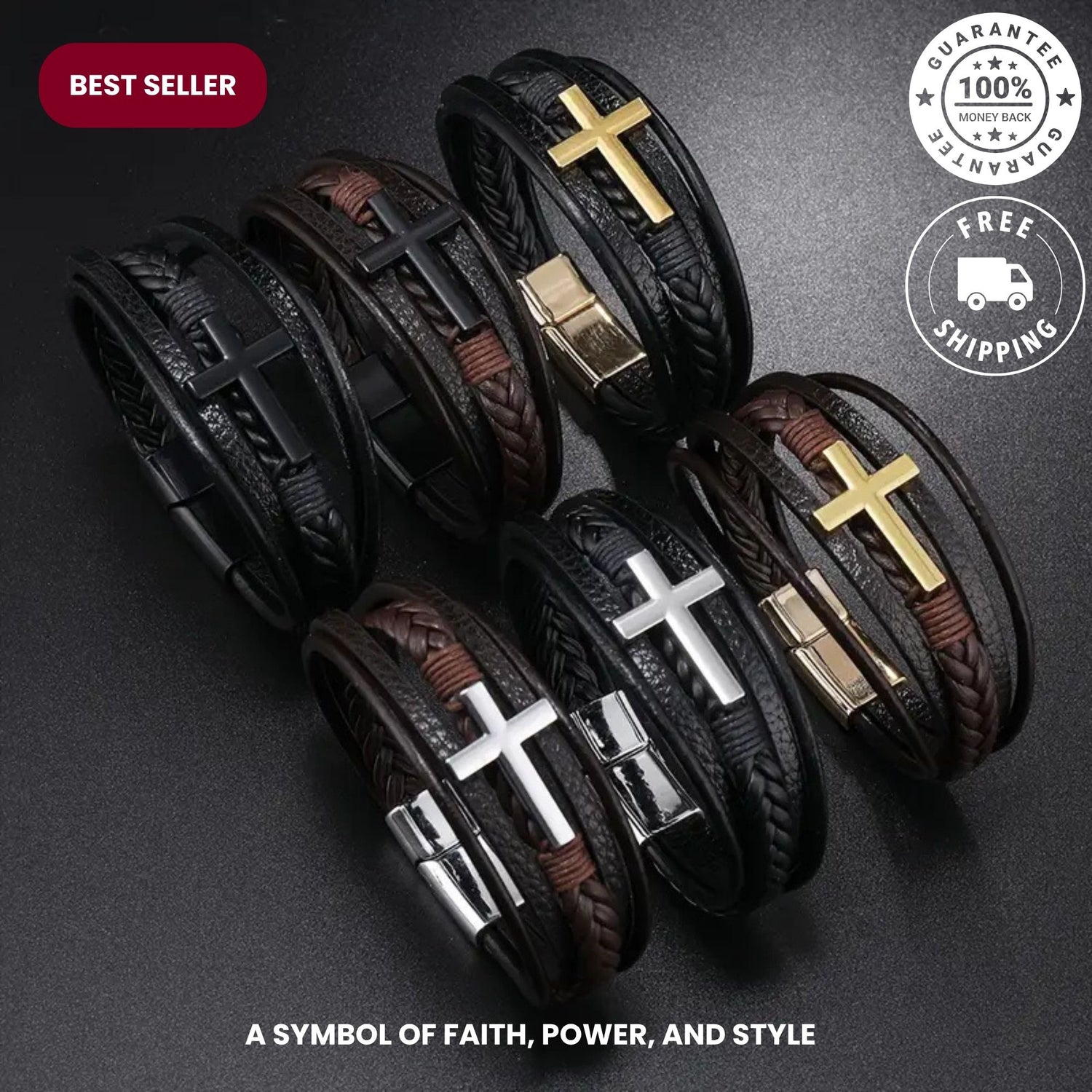 Men’s braided PU leather bracelet with cross pendant and 3-tone clasp
