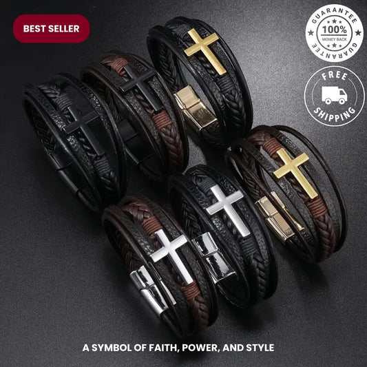 Men’s braided PU leather bracelet with cross pendant and 3-tone clasp