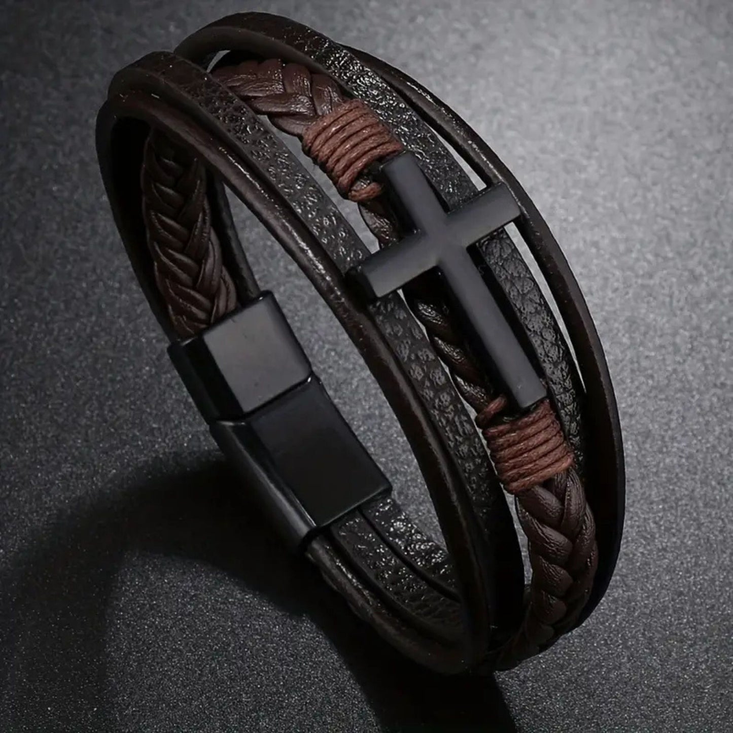 Elegant men’s braided leather bracelet with durable tri-tone clasp..
