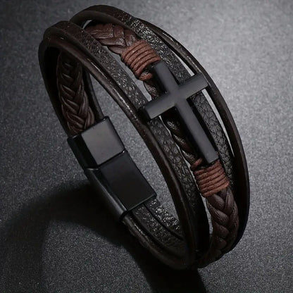 Elegant men’s braided leather bracelet with durable tri-tone clasp..