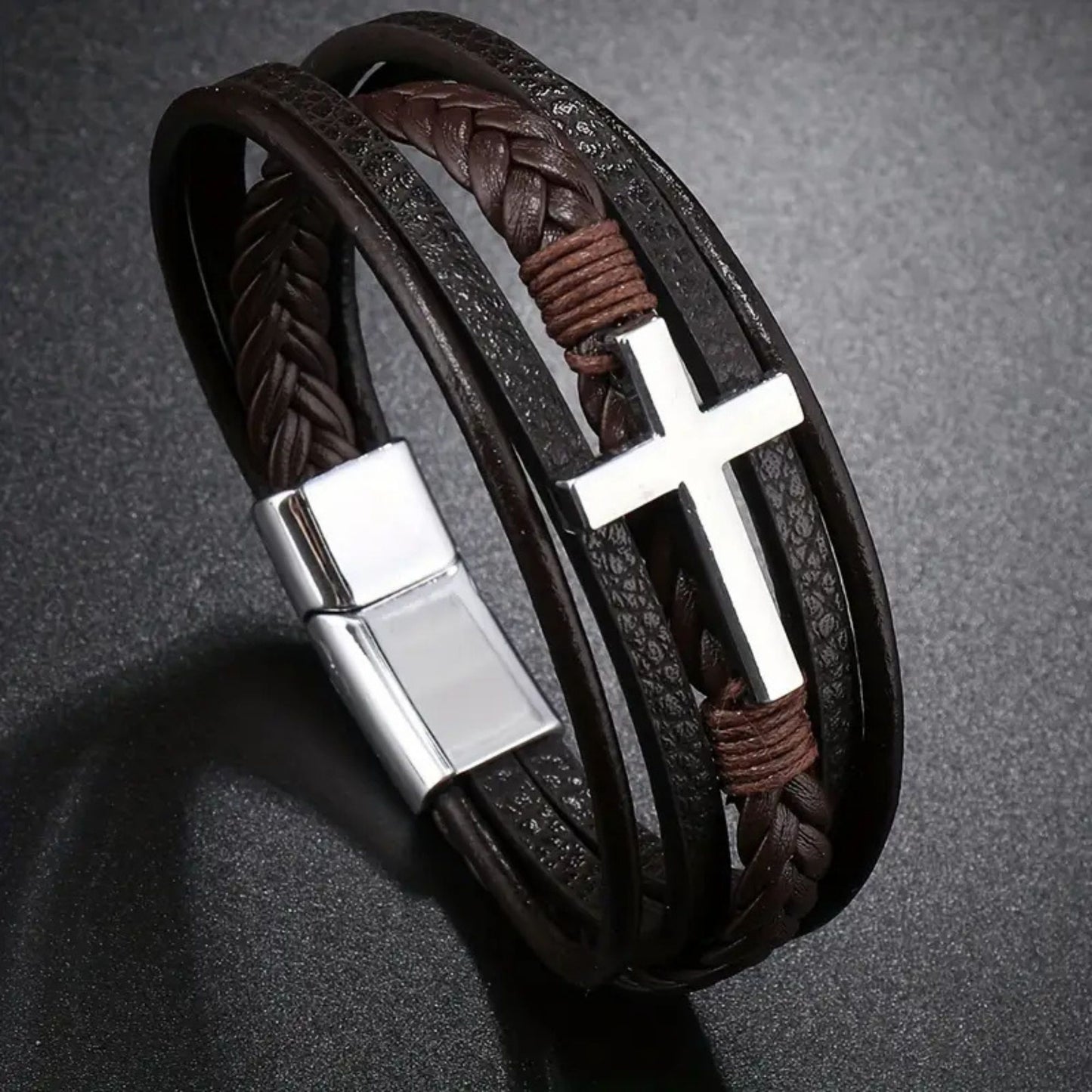 Elegant men’s braided leather bracelet with durable tri-tone clasp1