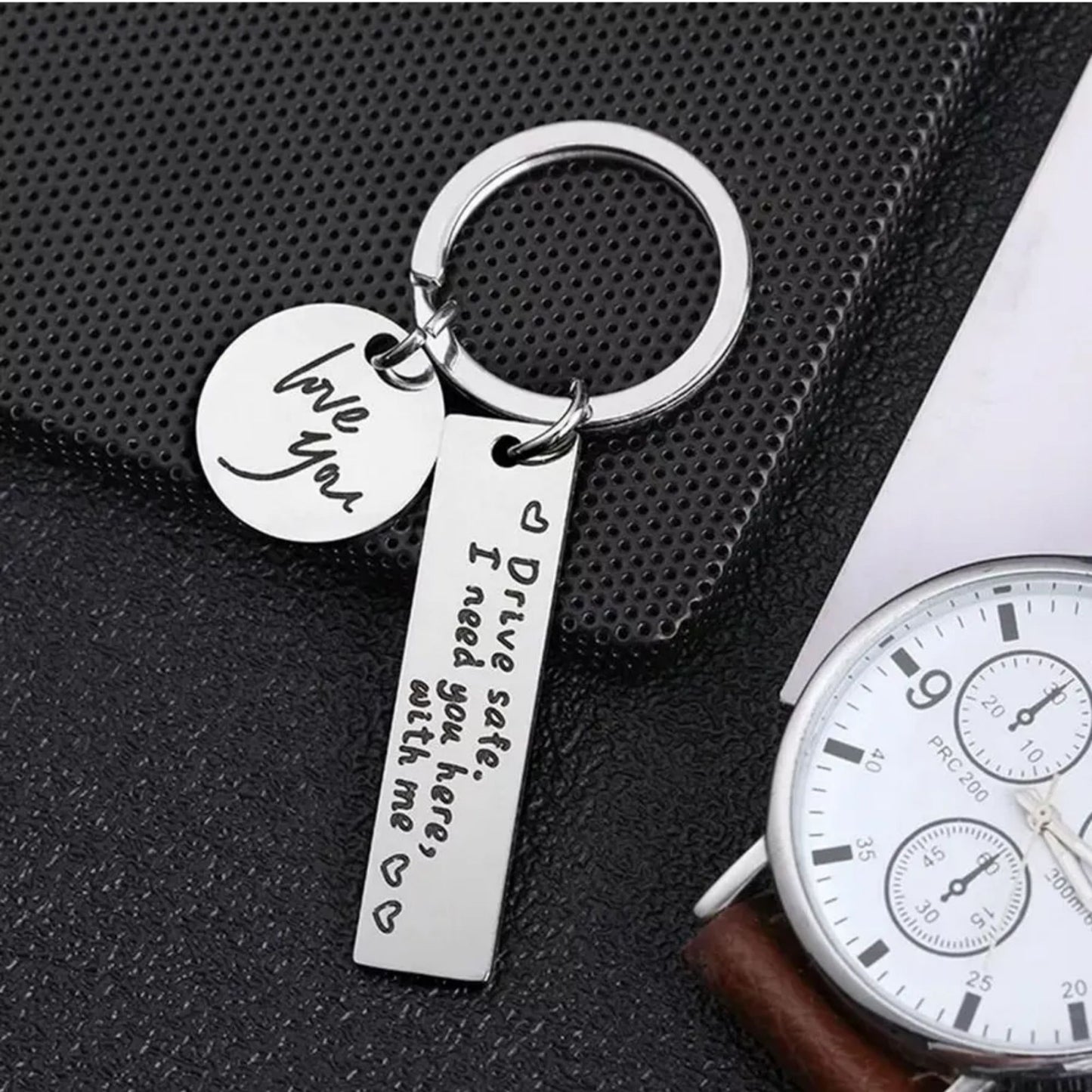 Drive Safe Love You keychain for men and women, polished steel