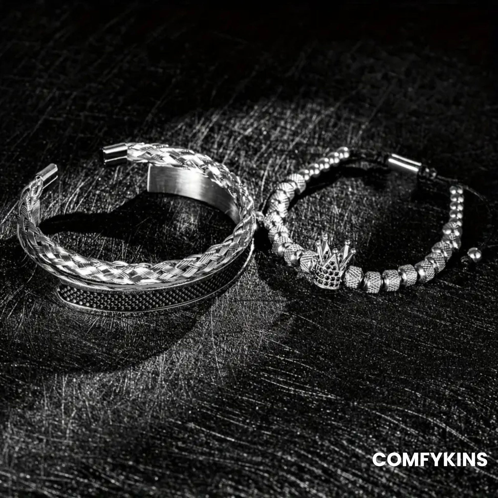 Men’s crown bracelet with contrast rope and micro-pavé CZ.