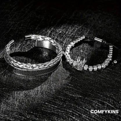 Men’s crown bracelet with contrast rope and micro-pavé CZ.