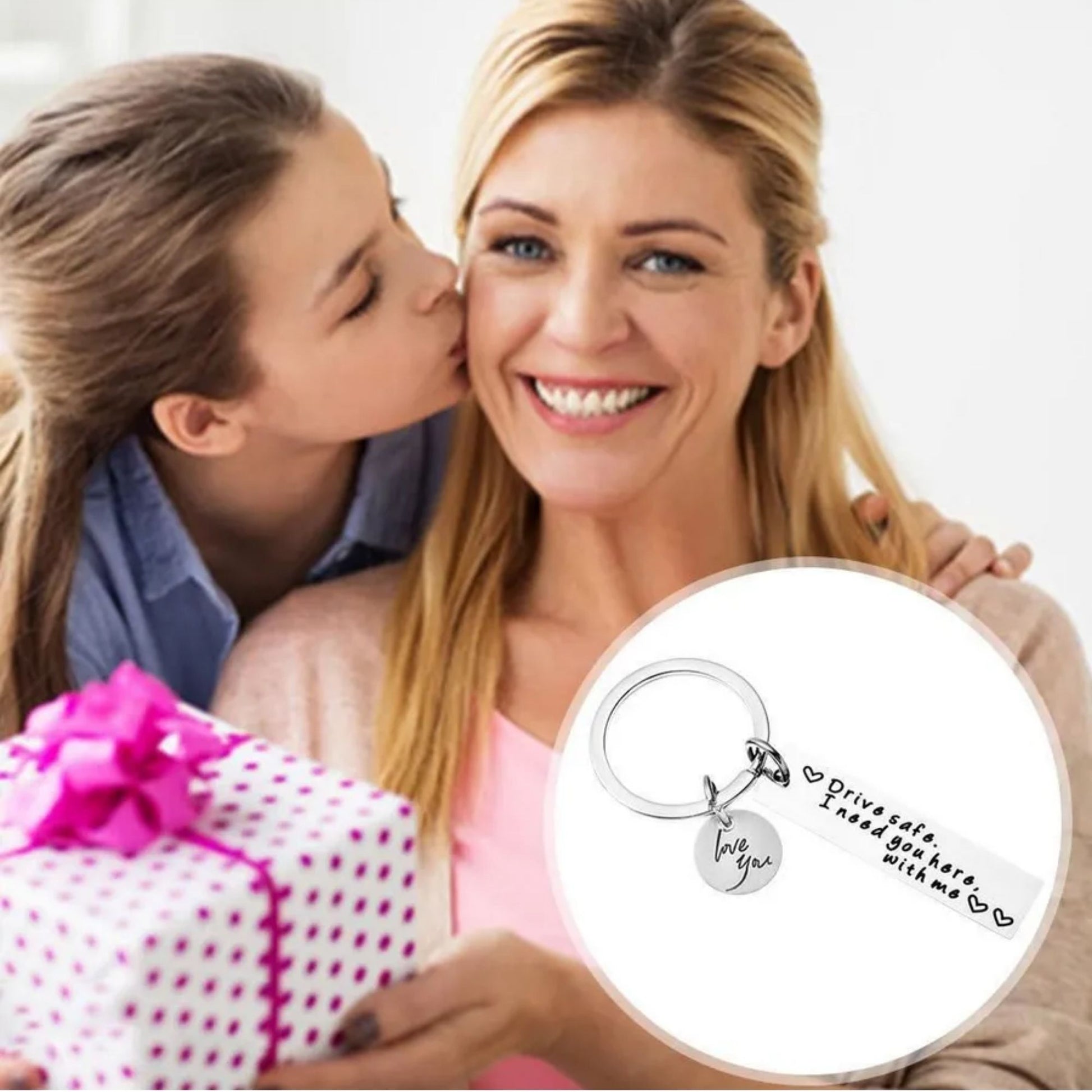 Stainless steel ‘Drive Safe’ keychain with black engraved lettering