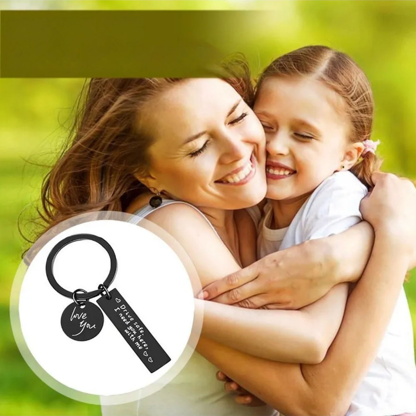 Black engraved Drive Safe keychain – meaningful road safety symbol1