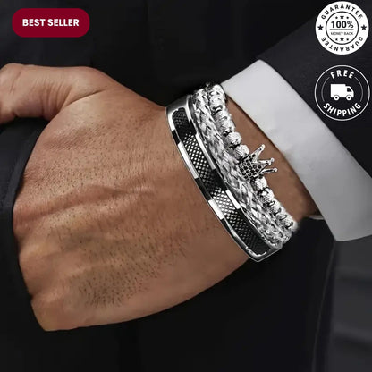 Men’s crown bracelet with contrast rope and micro-pavé CZ.