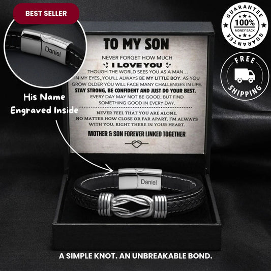 Minimalist black knot bracelet in synthetic leather for men.